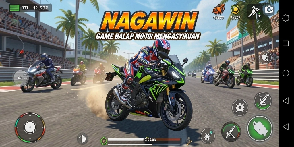 Screenshot dari gameplay balap motor yang menegangkan di NAGAWIN.