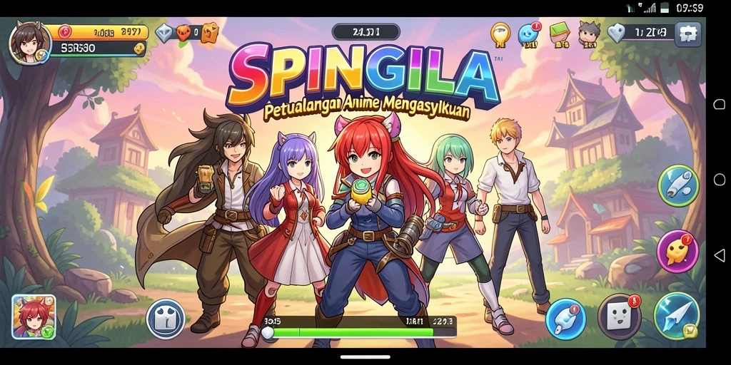 Tampilan menarik dari gameplay SPINGILA dengan karakter anime yang berwarna-warni.