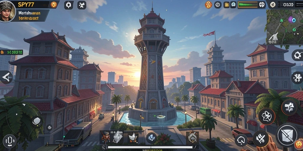 Tampilan gameplay SPY77 dengan berbagai menara pertahanan yang strategis.